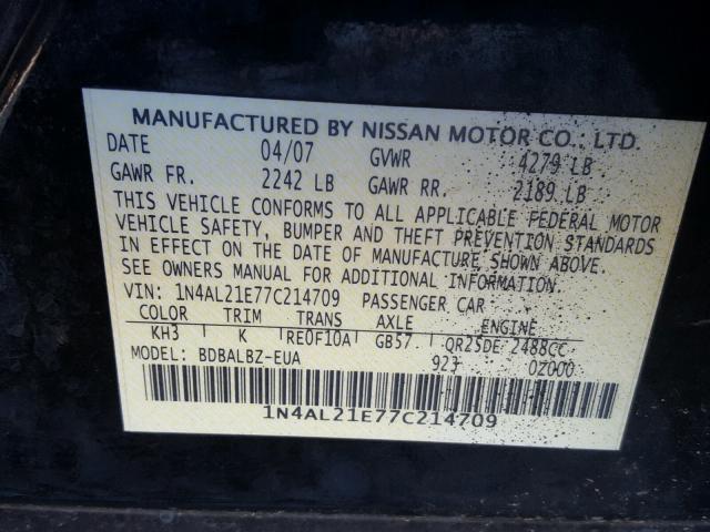 1N4AL21E77C214709 - 2007 NISSAN ALTIMA 2.5 BLACK photo 10