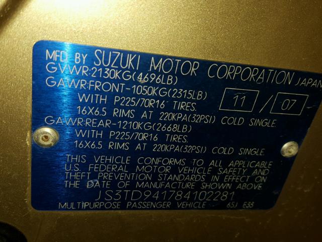 JS3TD941784102281 - 2008 SUZUKI GRAND VITA GOLD photo 9