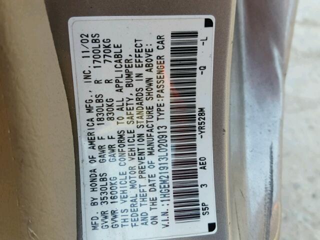 1HGEM21913L020913 - 2003 HONDA CIVIC EX Qızıl foto 10