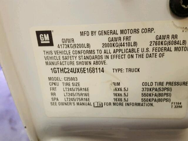 1GTHC24UX6E168114 - 2006 GMC SIERRA C25 WHITE photo 10