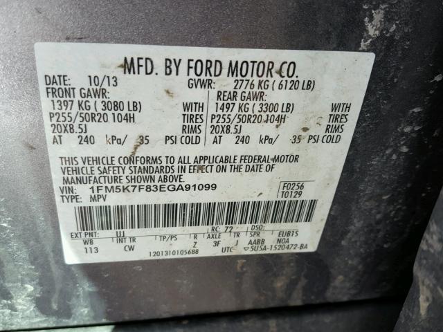 1FM5K7F83EGA91099 - 2014 FORD EXPLORER L GRAY photo 10