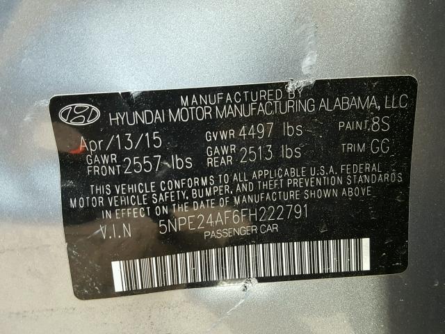 5NPE24AF6FH222791 - 2015 HYUNDAI SONATA SE BLUE photo 10