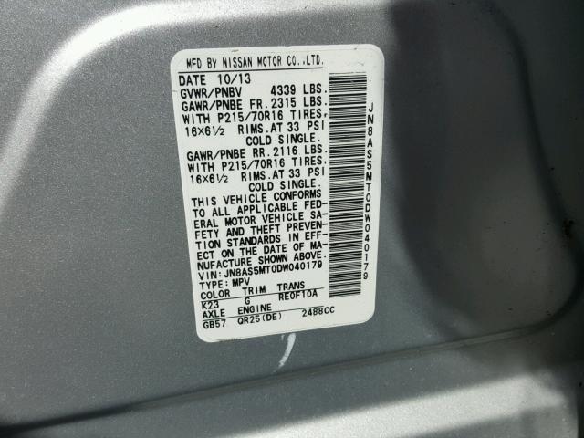 JN8AS5MT0DW040179 - 2013 NISSAN ROGUE S SILVER photo 10