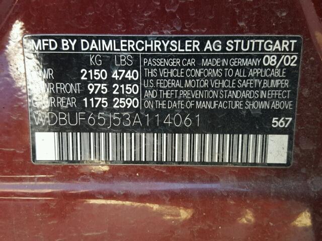 WDBUF65J53A114061 - 2003 MERCEDES-BENZ E 320 BURGUNDY photo 10