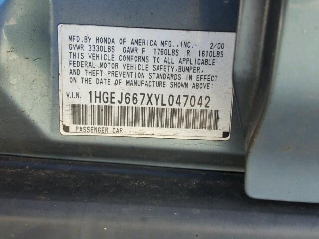 1HGEJ667XYL047042 - 2000 HONDA CIVIC LX BLUE photo 10