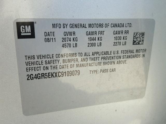 2G4GR5EKXC9109079 - 2012 BUICK REGAL SILVER photo 10