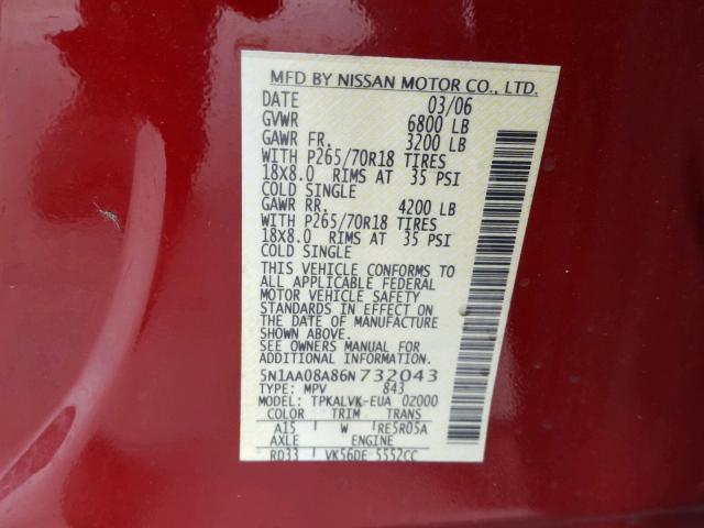 5N1AA08A86N732043 - 2006 NISSAN ARMADA SE RED photo 10