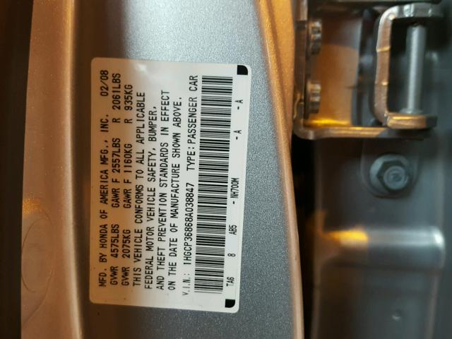 1HGCP36868A038847 - 2008 HONDA ACCORD EXL SILVER photo 10