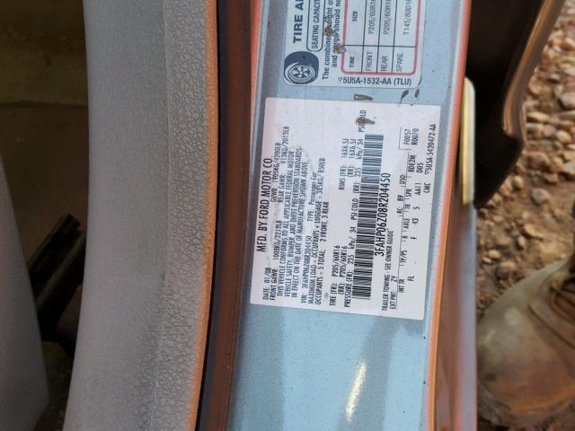 3FAHP06Z08R204450 - 2008 FORD FUSION S GRAY photo 10