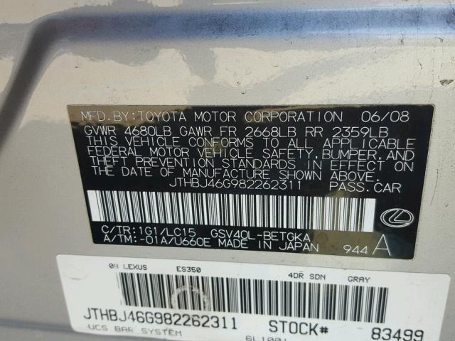 JTHBJ46G982262311 - 2008 LEXUS ES 350 SILVER photo 10