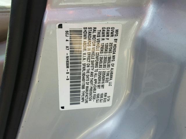 5FNRL18044B117886 - 2004 HONDA ODYSSEY EX SILVER photo 10