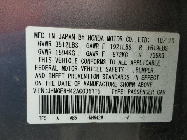 JHMGE8H42AC036115 - 2010 HONDA FIT SPORT SILVER photo 10