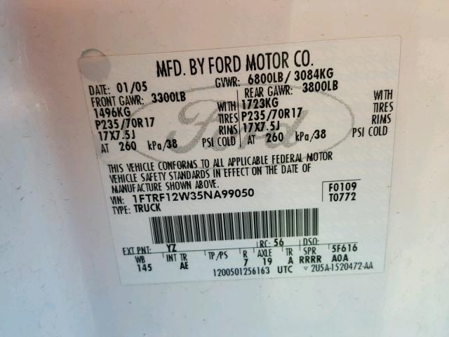 1FTRF12W35NA99050 - 2005 FORD F150 WHITE photo 10