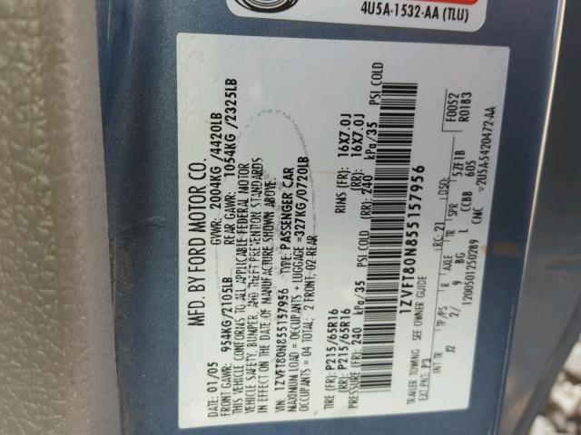 1ZVFT80N855157956 - 2005 FORD MUSTANG BLUE photo 10