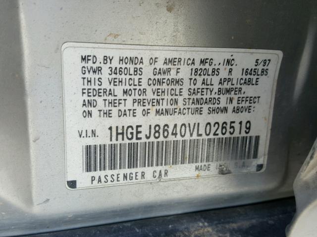 1HGEJ8640VL026519 - 1997 HONDA CIVIC EX SILVER photo 10