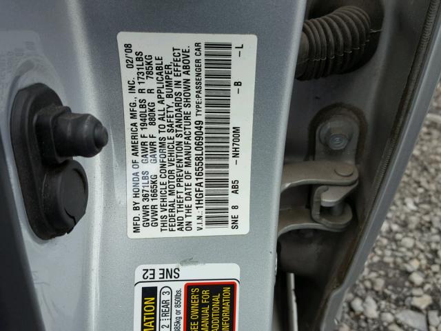 1HGFA16558L069049 - 2008 HONDA CIVIC LX SILVER photo 10