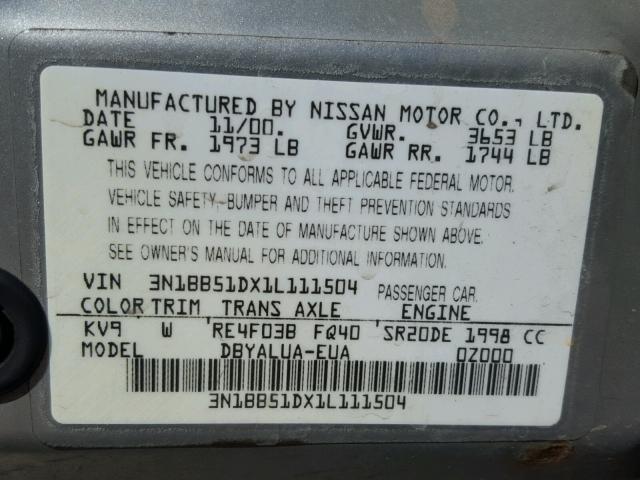 3N1BB51DX1L111504 - 2001 NISSAN SENTRA SE GRAY photo 10