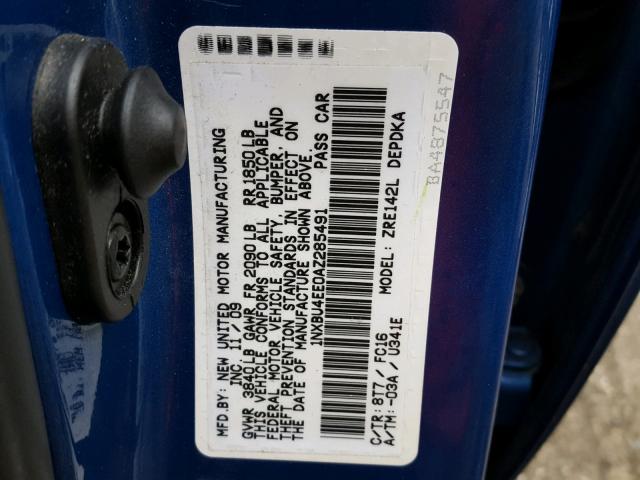 1NXBU4EE0AZ285491 - 2010 TOYOTA COROLLA BA BLUE photo 10