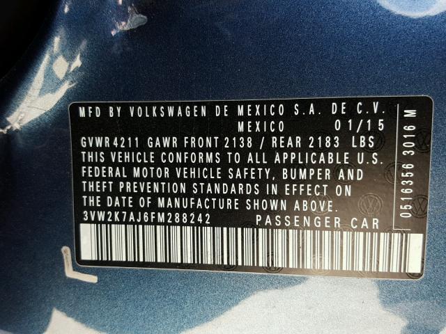 3VW2K7AJ6FM288242 - 2015 VOLKSWAGEN JETTA BASE 蓝色 照片 10