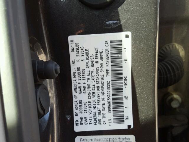 19UUA8F5XAA018292 - 2010 ACURA TL GRAY photo 10