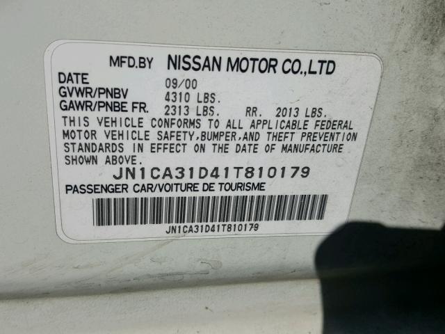 JN1CA31D41T810179 - 2001 NISSAN MAXIMA GXE WHITE photo 10