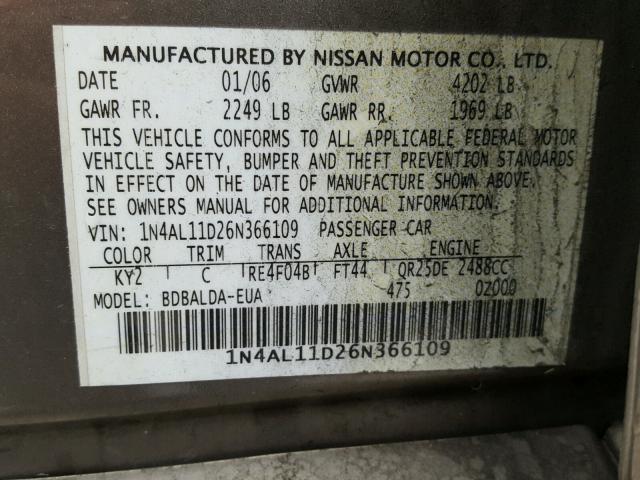 1N4AL11D26N366109 - 2006 NISSAN ALTIMA S GRAY photo 10