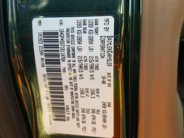 1B4GP45G71B110764 - 2001 DODGE CARAVAN SP GREEN photo 10