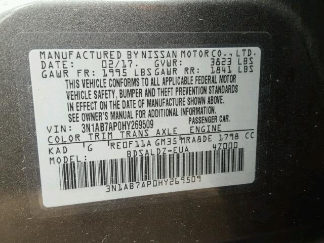 3N1AB7AP0HY269509 - 2017 NISSAN SENTRA S GRAY photo 10