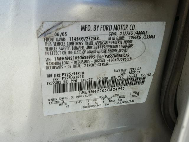 1MEHM42105G624995 - 2005 MERCURY MONTEGO PR 银色 照片 10