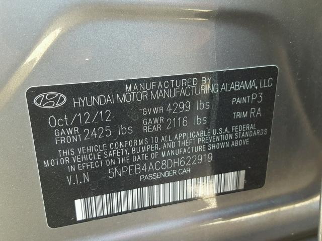 5NPEB4AC8DH622919 - 2013 HYUNDAI SONATA GLS GRAY photo 10