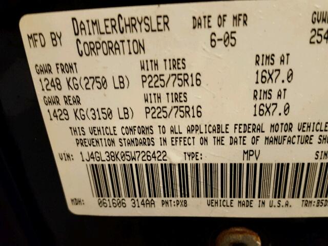 1J4GL38K05W726422 - 2005 JEEP LIBERTY RE BLACK photo 10