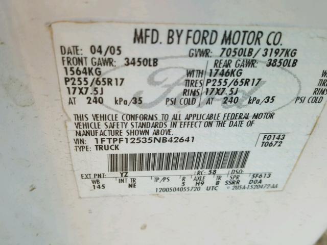 1FTPF12535NB42641 - 2005 FORD F150 WHITE photo 10