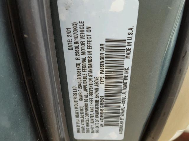 4S3BH806517655929 - 2001 SUBARU LEGACY OUT GREEN photo 10