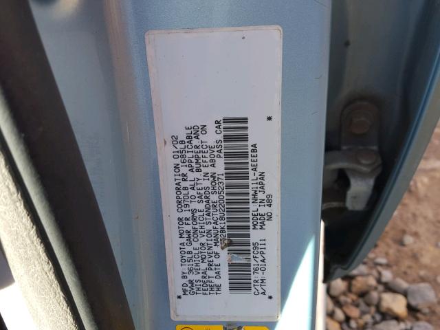 JT2BK18U220052371 - 2002 TOYOTA PRIUS TURQUOISE photo 10