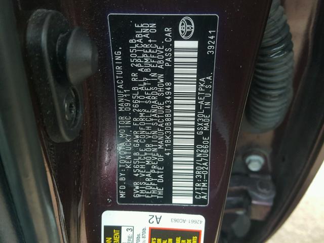 4T1BK3DB8BU434948 - 2011 TOYOTA AVALON BAS BURGUNDY photo 10