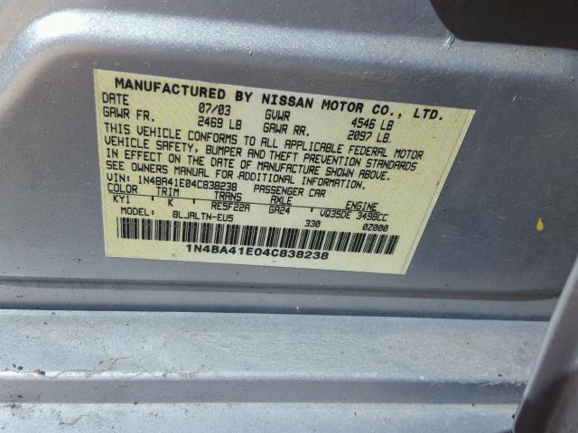 1N4BA41E04C838238 - 2004 NISSAN MAXIMA SE SILVER photo 10