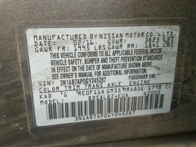 3N1AB7AP0GY245287 - 2016 NISSAN SENTRA S GRAY photo 10