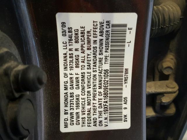 19XFA16809E021056 - 2009 HONDA CIVIC EX ნაცრისფერი ფოტო 10