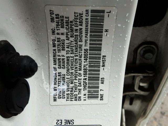 1HGFA16887L140656 - 2007 HONDA CIVIC EX WHITE photo 10