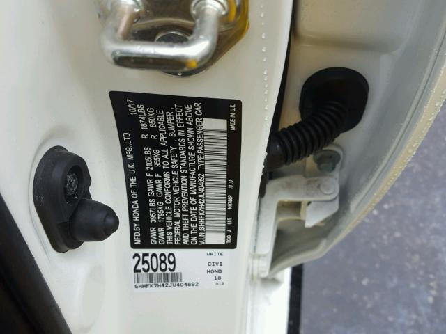 SHHFK7H42JU404892 - 2018 HONDA CIVIC SPOR WHITE photo 10