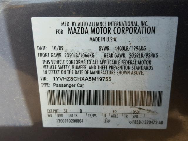 1YVHZ8CHXA5M19755 - 2010 MAZDA 6 I GRAY photo 10