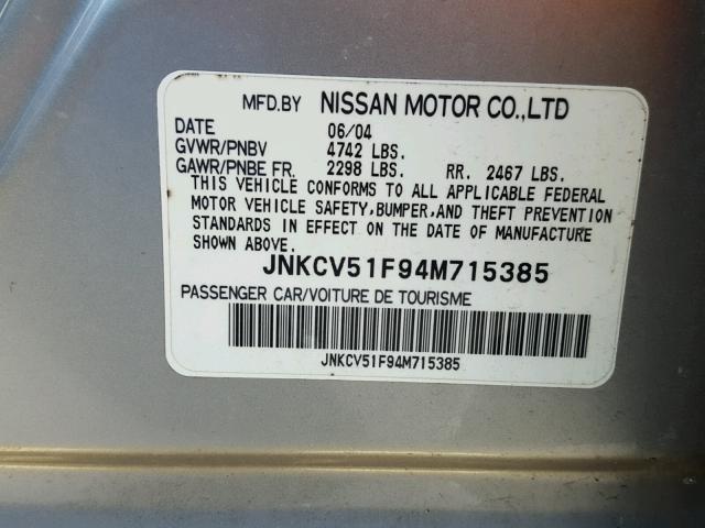 JNKCV51F94M715385 - 2004 INFINITI G35 SILVER photo 10