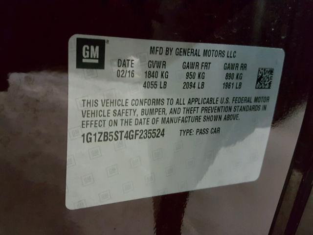 1G1ZB5ST4GF235524 - 2016 CHEVROLET MALIBU LS ბურგუნდია ფოტო 10