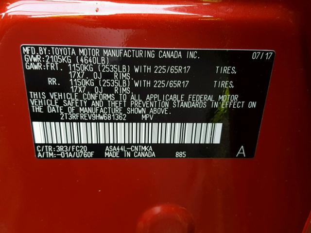 2T3RFREV9HW681362 - 2017 TOYOTA RAV4 XLE RED photo 10