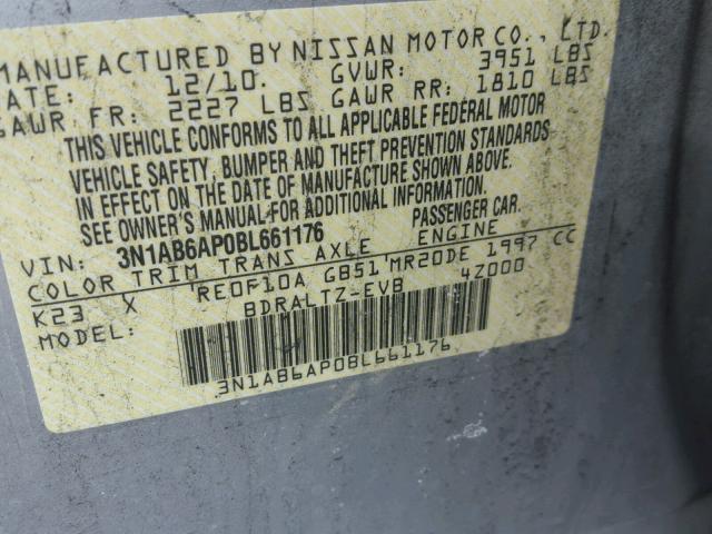 3N1AB6AP0BL661176 - 2011 NISSAN SENTRA 2.0 SILVER photo 10