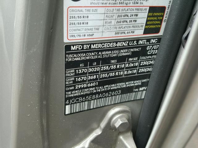 4JGCB65E88A062603 - 2008 MERCEDES-BENZ R 350 GRAY photo 10