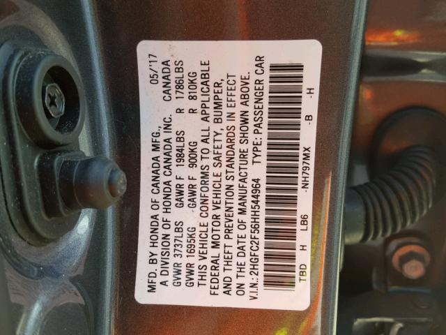 2HGFC2F56HH544964 - 2017 HONDA CIVIC LX GRAY photo 10