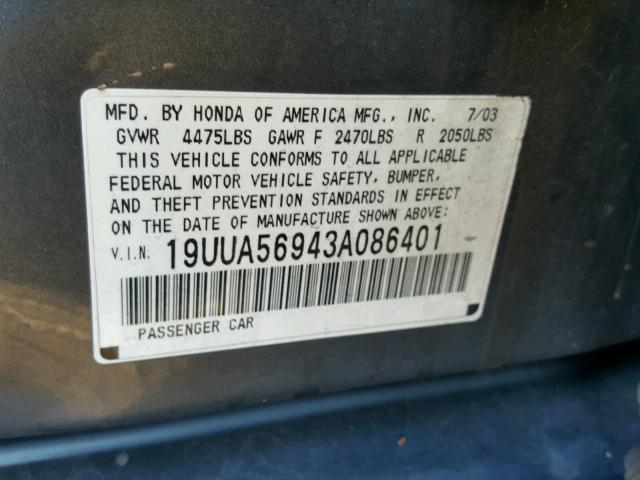 19UUA56943A086401 - 2003 ACURA 3.2TL TYPE CHARCOAL photo 10