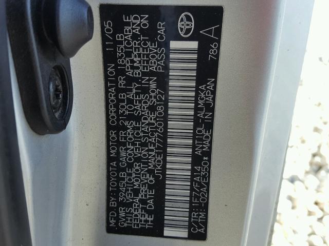 JTKDE177760108127 - 2006 TOYOTA SCION TC 银色 照片 10