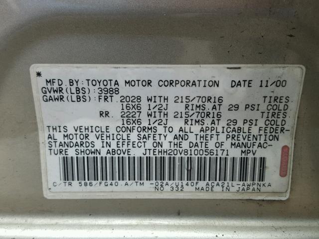 JTEHH20V810056171 - 2001 TOYOTA RAV4 GOLD photo 10